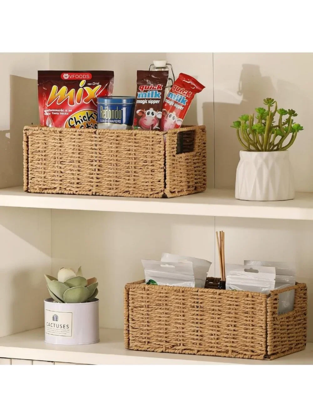 Hand-Woven Wicker Storage Baskets Set of 2 | Small Organizing Bins for Home